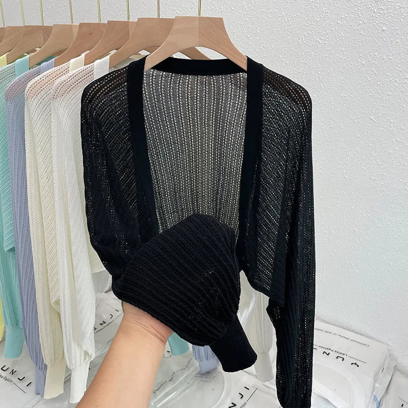 Hollow-out design blouse with lantern sleeves in polyester linen blend fabric