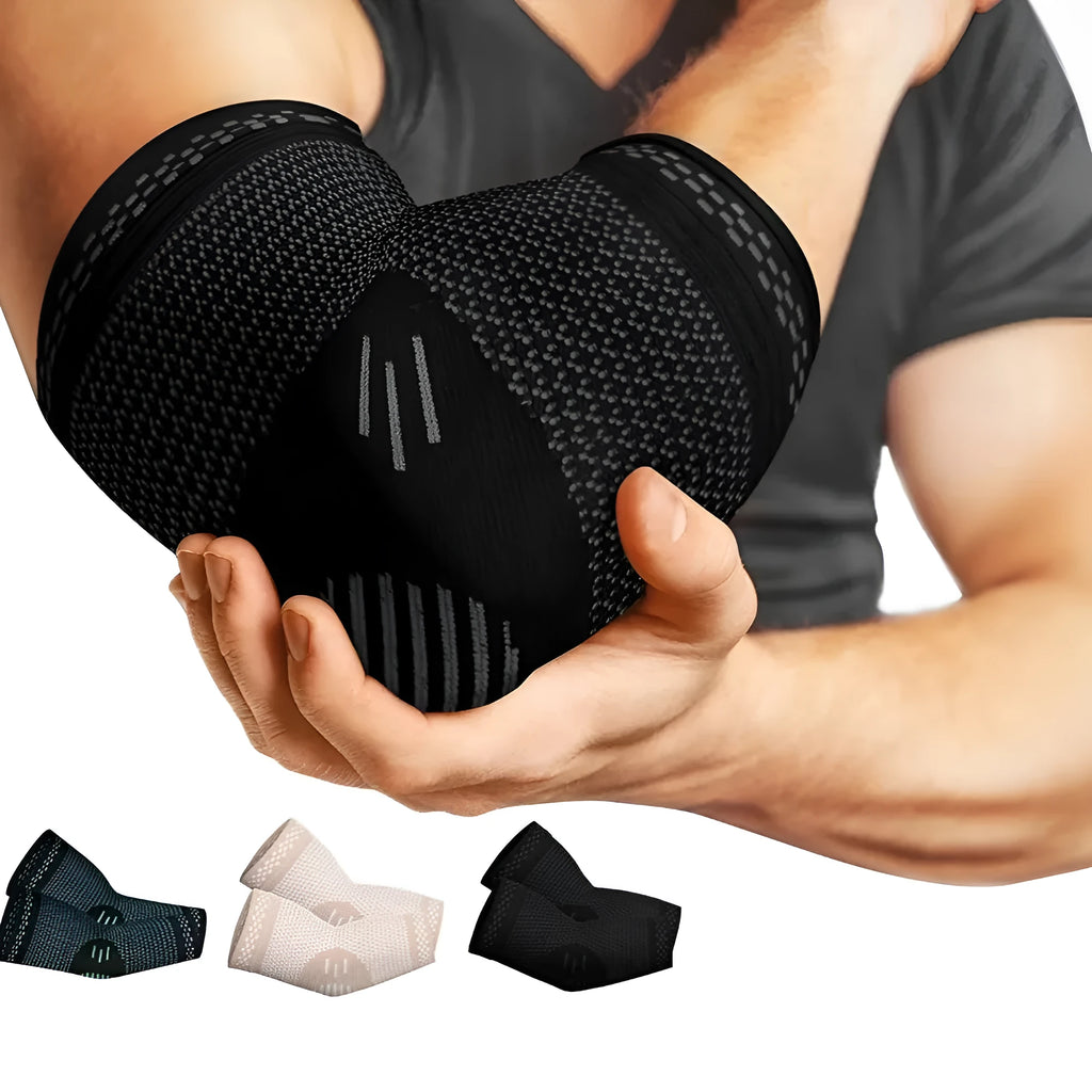 Nylon jacquard sports elbow guard in black, grey or green, sizes S to XL, single elbow protection strap