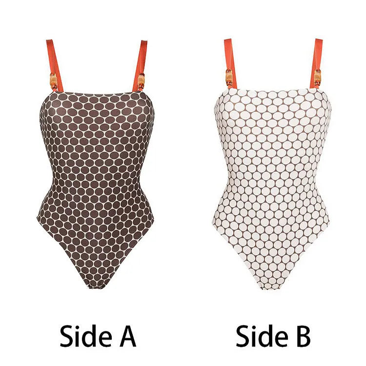 Women's printed dots one-piece swimsuit with matching wrap skirt in polyester fabric