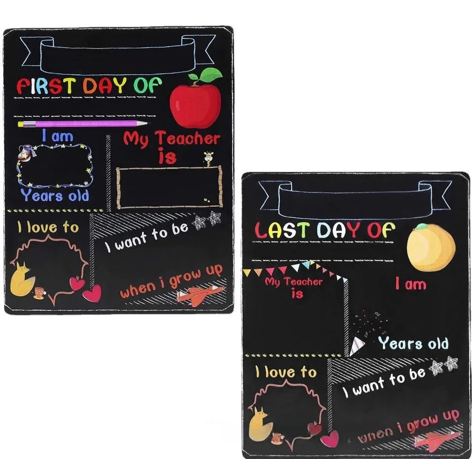 Black wooden First Day of School blackboard sign measuring 255mm by 300mm