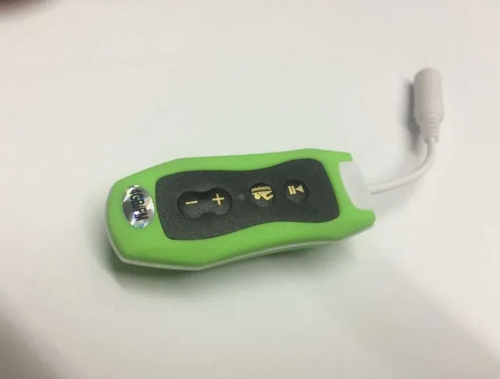 Waterproof Bluetooth mini headset MP3 player in various colours, showing compact size.
