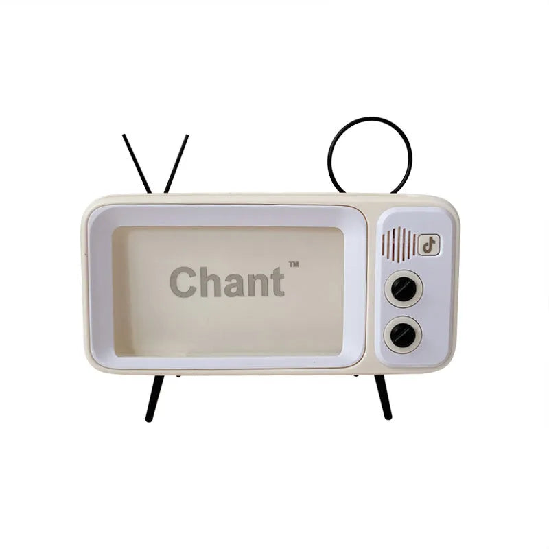 Retro TV shaped wooden phone stand with Bluetooth speaker, 3.5mm jack, 198x73x108mm