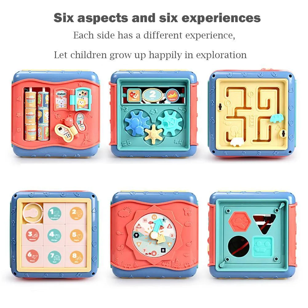 Baby hexahedron educational cube showing six sides with bead maze, clock, number tray, gears, car track, and butterfly activities