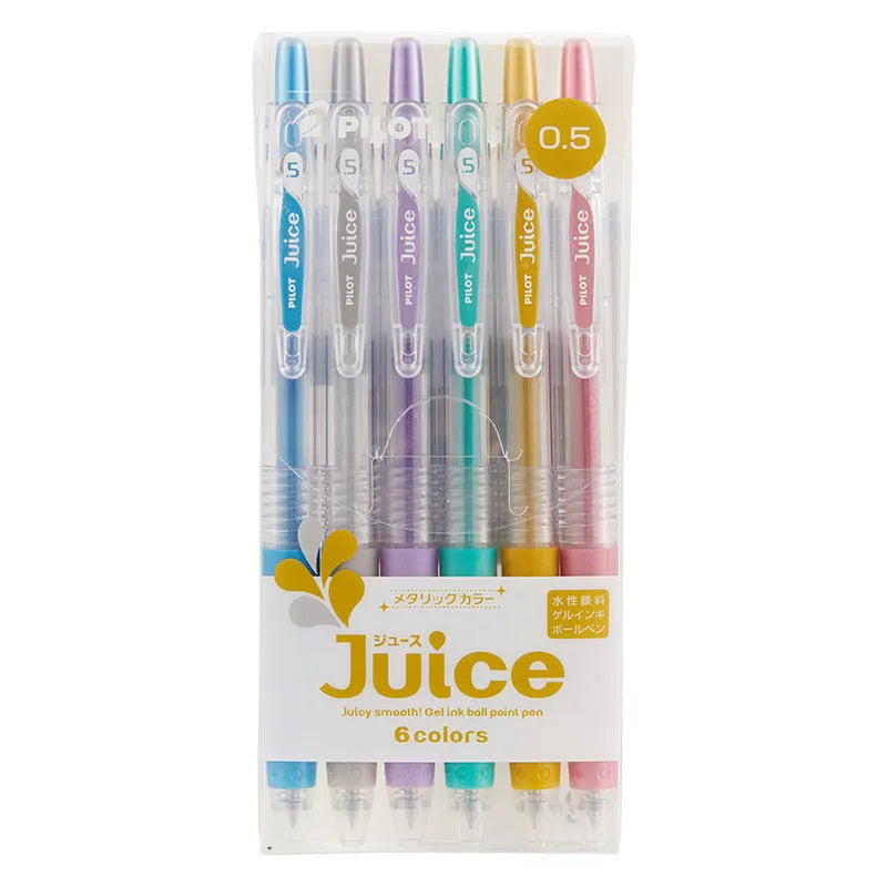 Six Juice Baiguole gel pens with 0.5mm fine tips in a metallic colour set