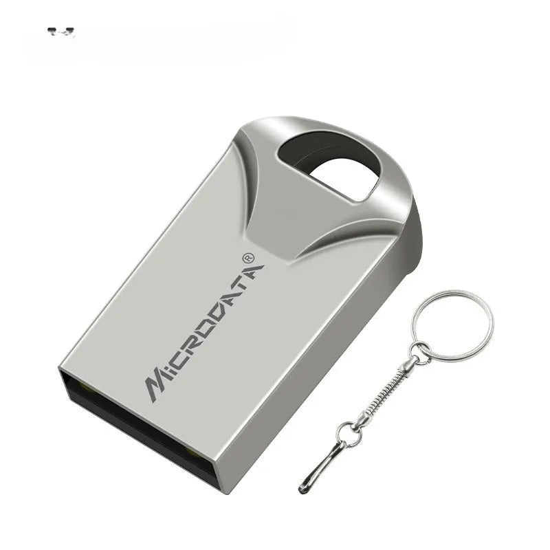 Small silver metal car-shaped USB flash drive on a keyring chain.