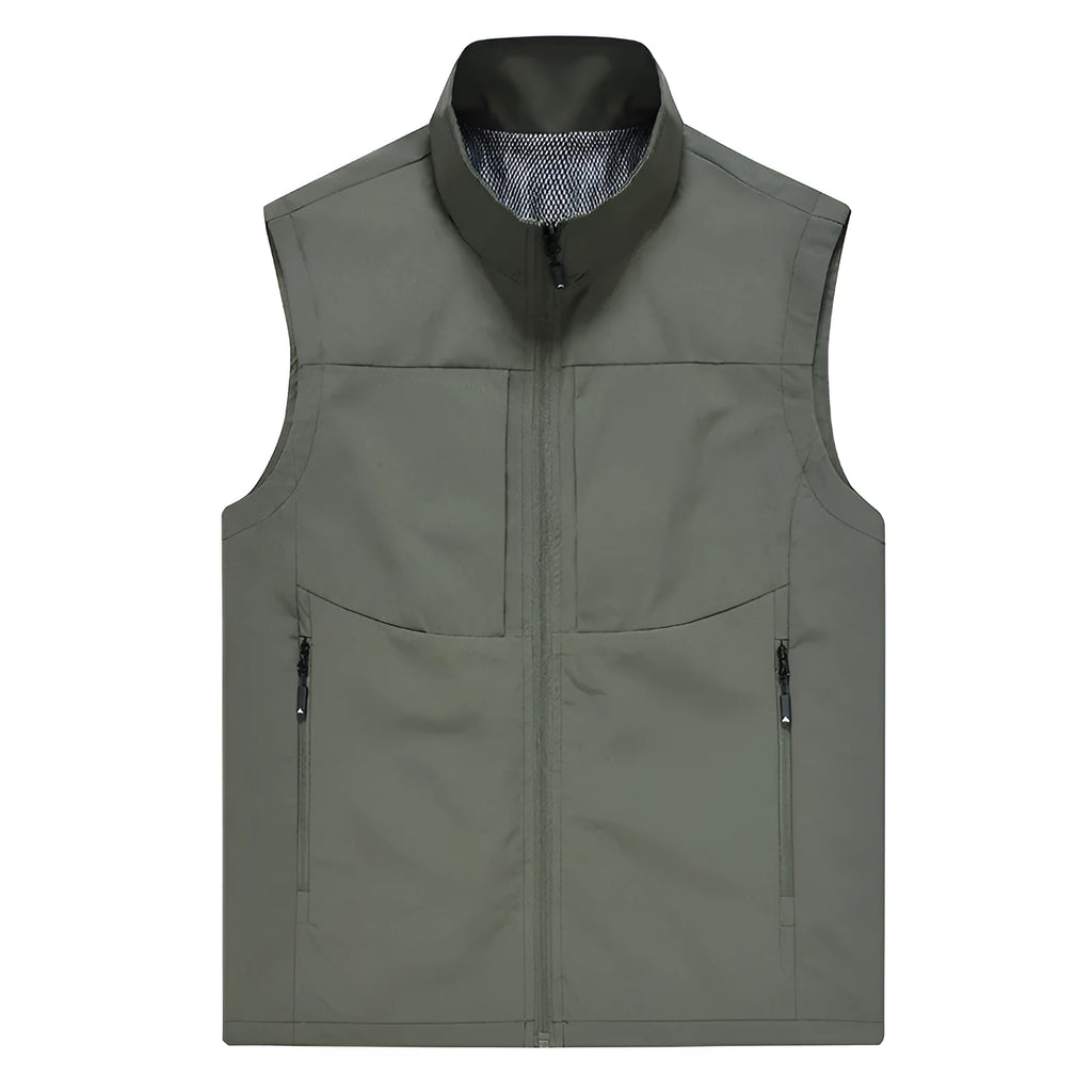 Men's loose-fit casual cardigan vest in army green with a stand collar and zipper pockets.