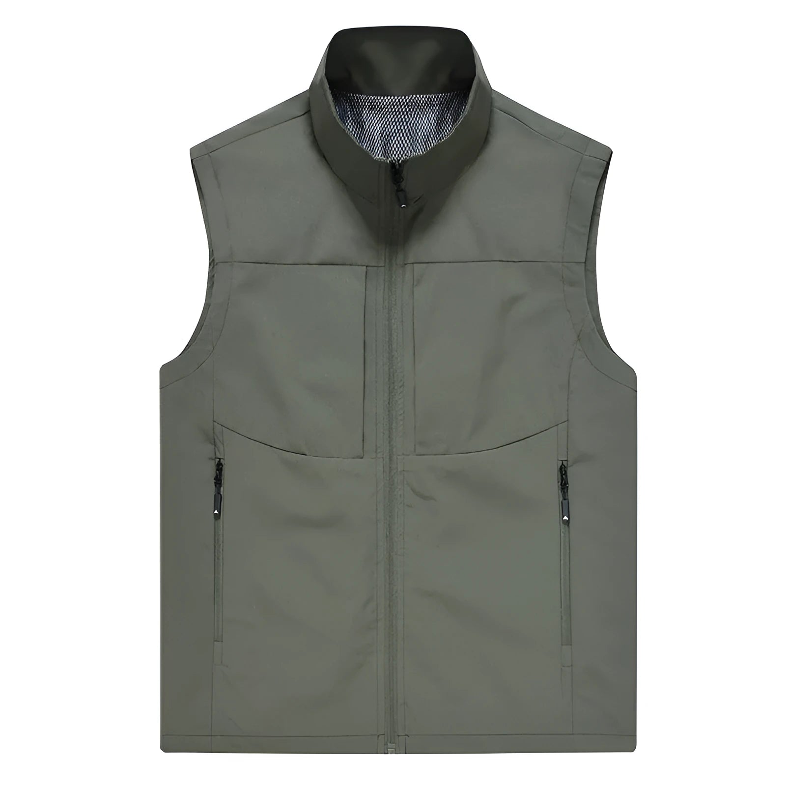 Men's loose-fit casual cardigan vest in army green with a stand collar and zipper pockets.