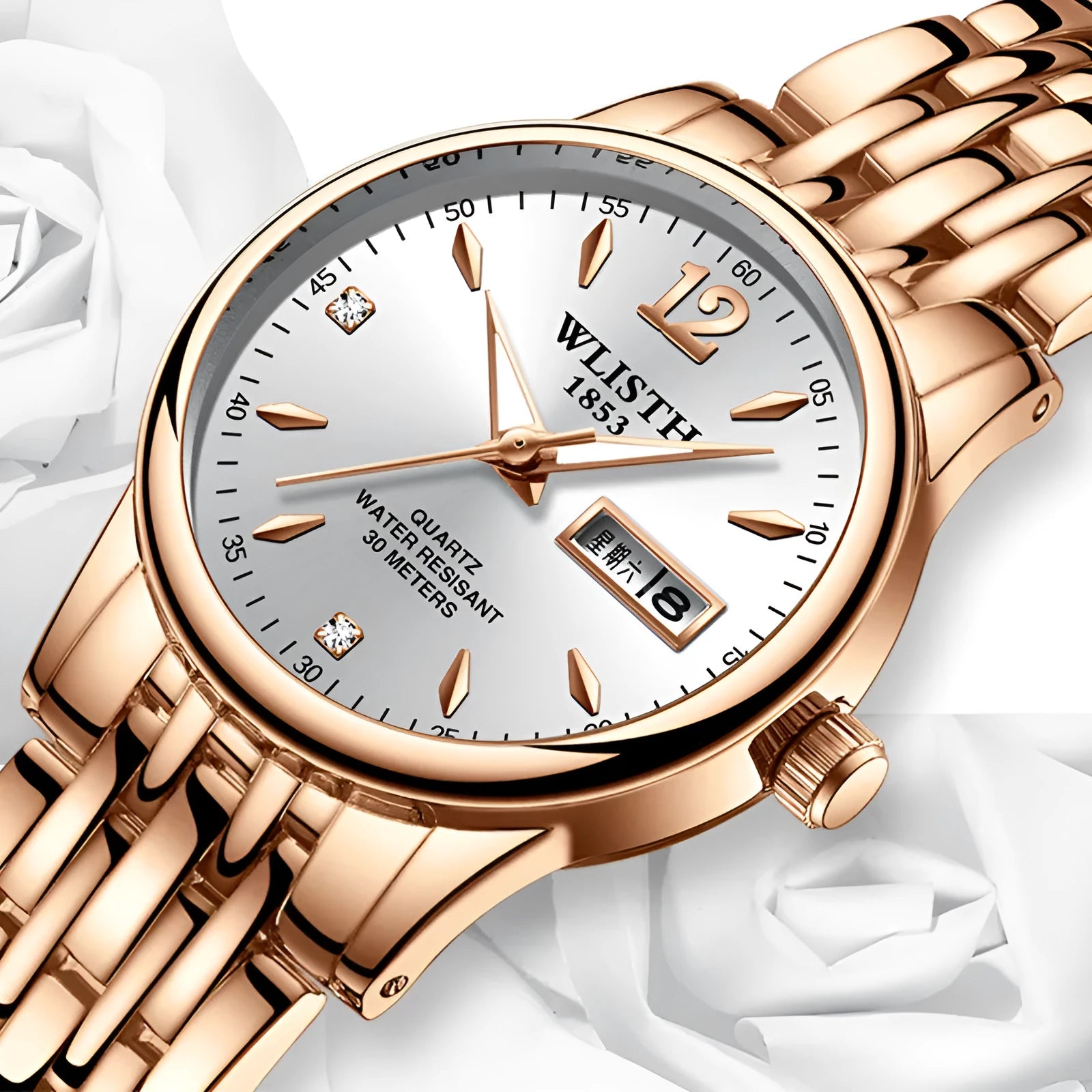 WLISTH women dress watch rose gold stainless steel with calendar and luminous display on wrist
