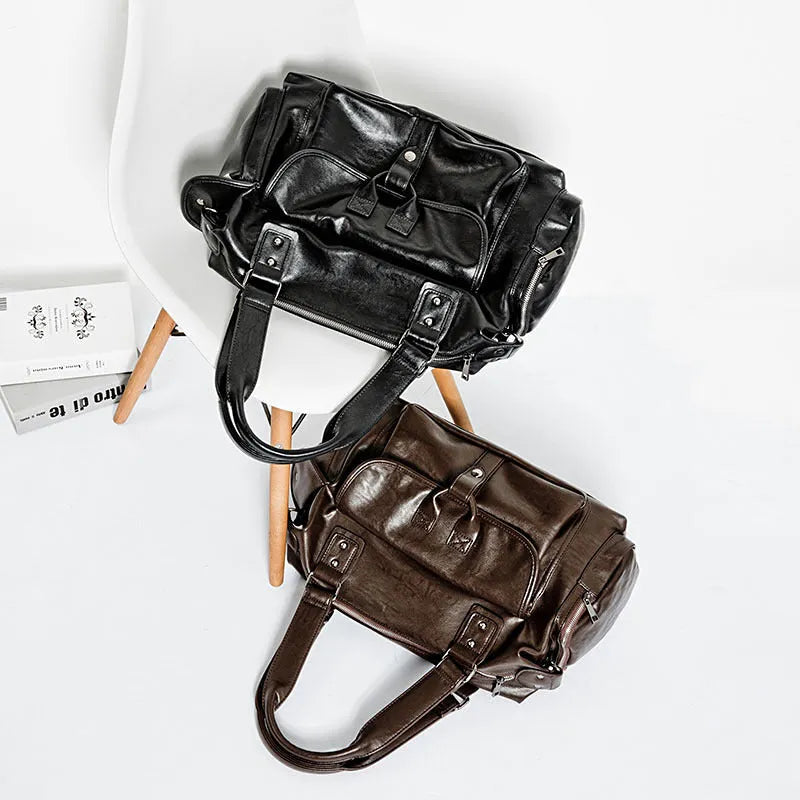 Men's black PU leather portable travel bag with zipper closure and retro Korean style