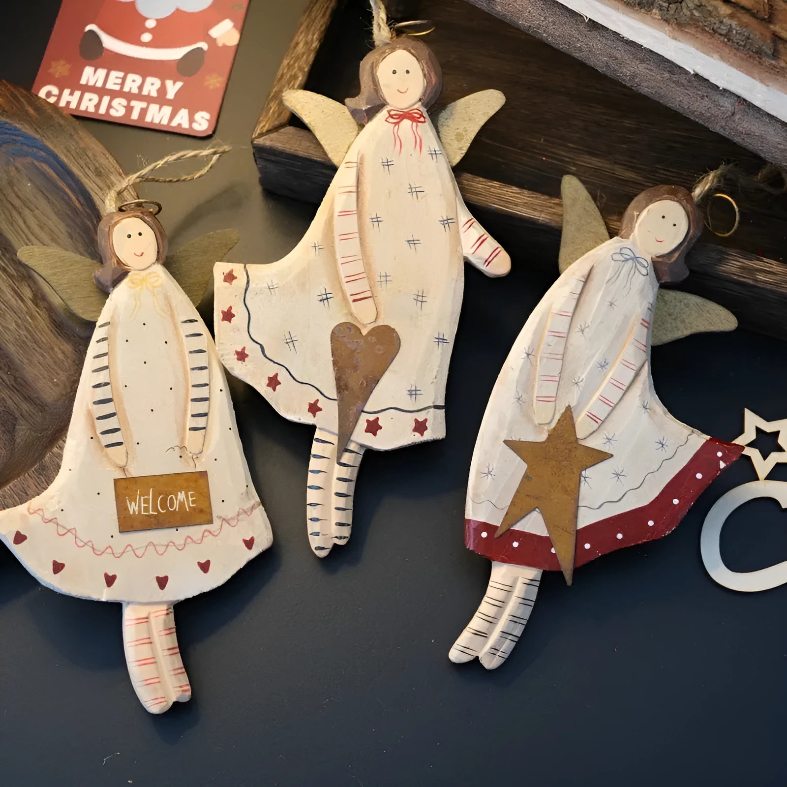 Hand-painted wooden door plate with carved pendant featuring love heart and letter designs in American country style