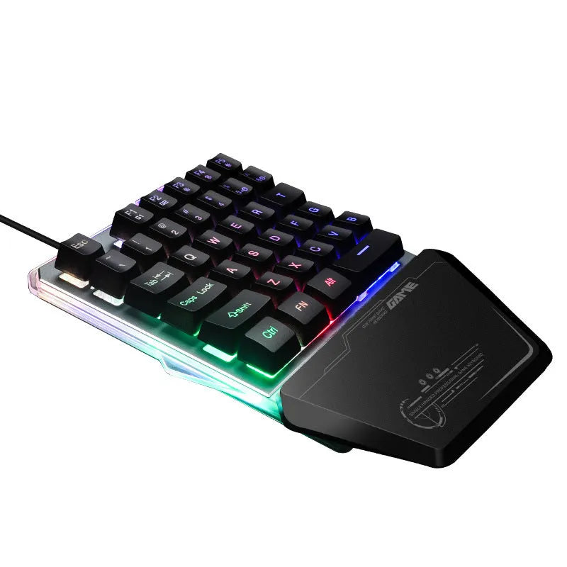 Black robotic one-handed gaming keyboard with RGB backlight and 1.8 metre USB cable