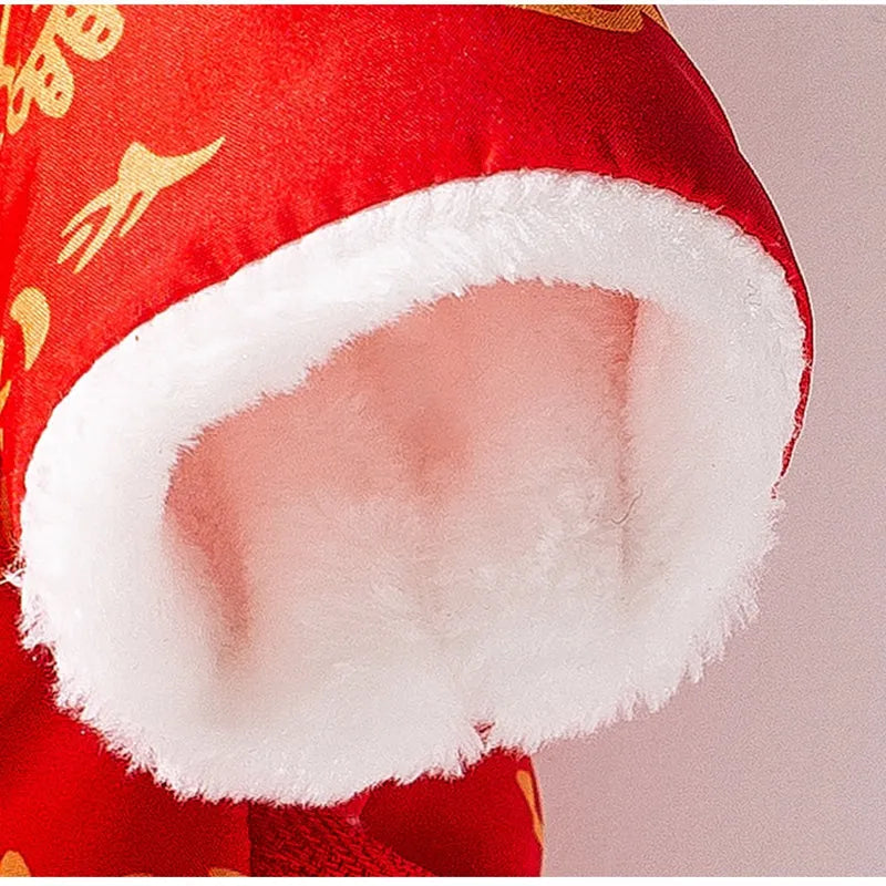 Lion dance pet jumpsuit in red with faux fur trim and leash ring, four-legged cotton jacket for dogs and cats.