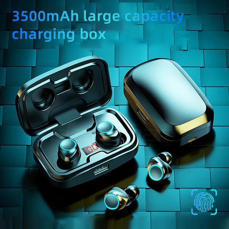 Black Bluetooth earplug-style headset with its charging case on a table