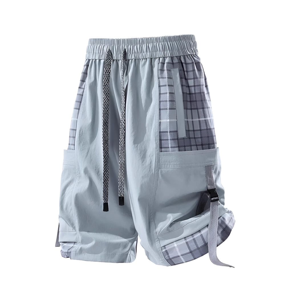 Men's black loose-fit cargo shorts with plaid stitching on the legs