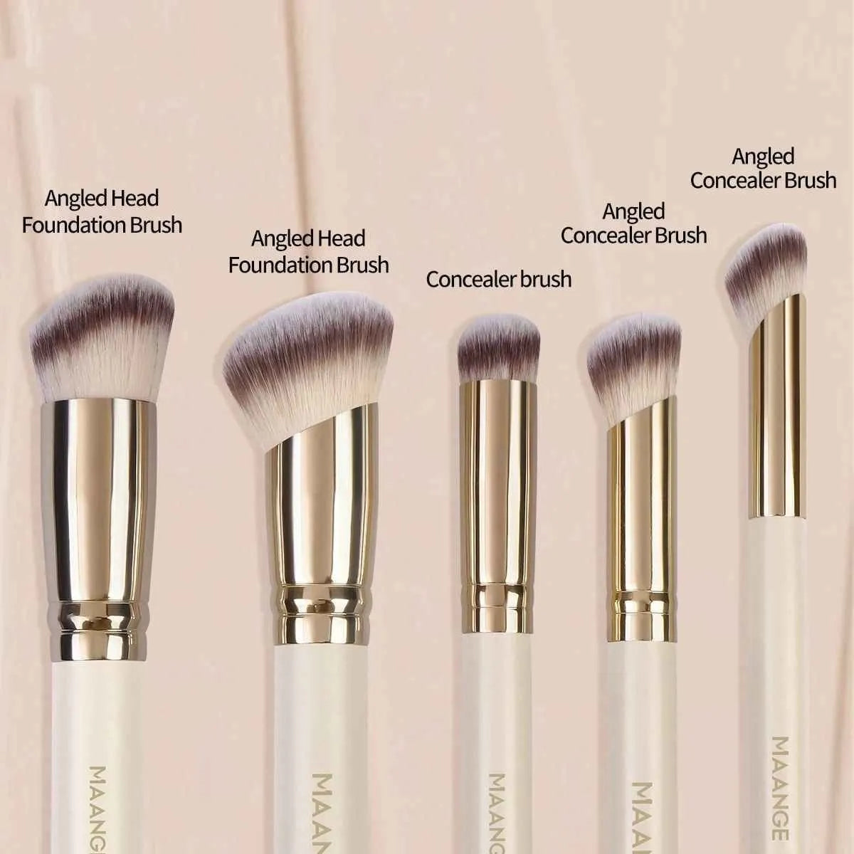 MAANGE set of five apricot-coloured angled kabuki makeup brushes with synthetic bristles.