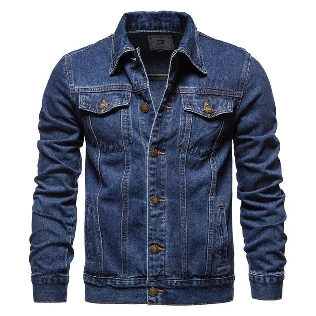 Men's casual hooded blue denim jacket with lapel collar and thin construction