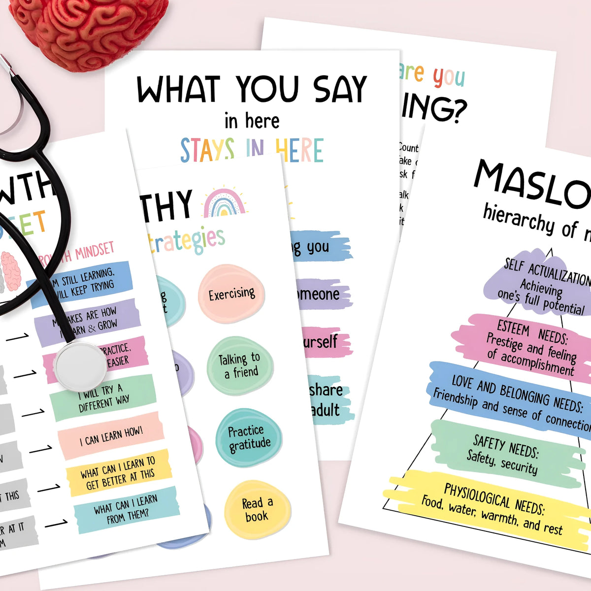 Set of 12 mental health posters printed on coated paper with bright film finish, 255 x 355mm