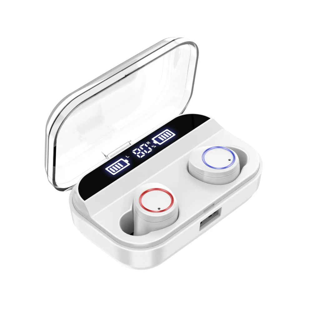 Black X11 Bluetooth wireless earbuds with touch controls and charging case with optional wireless charging