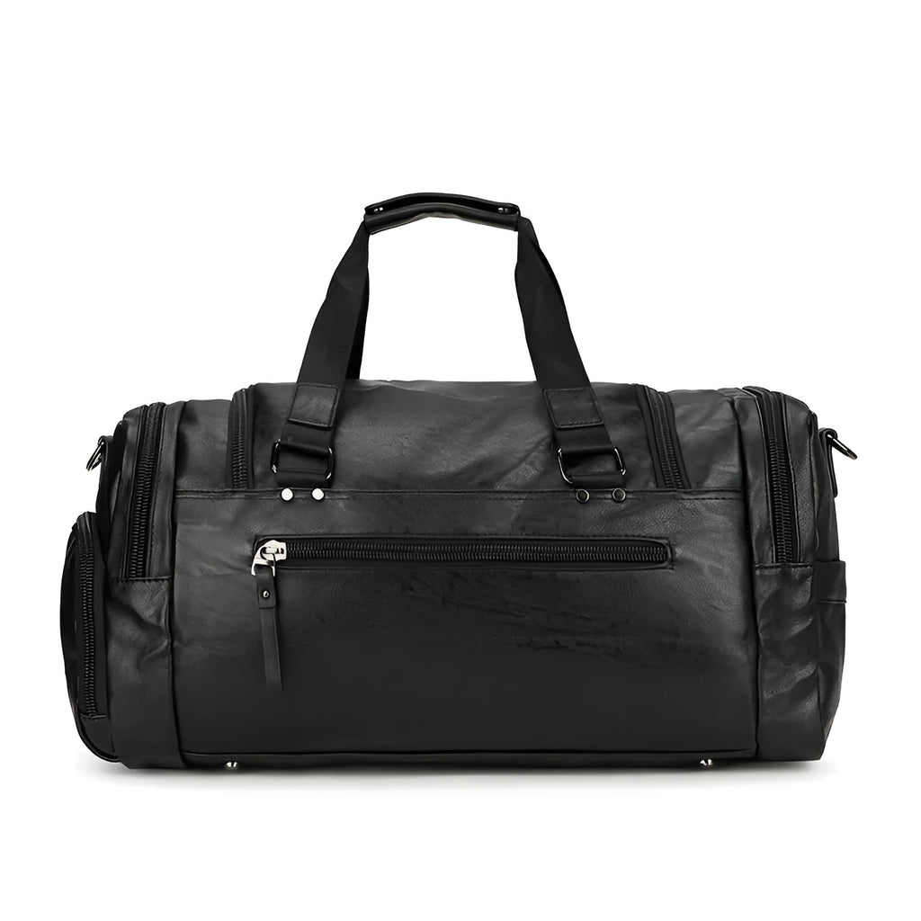 Large black PU travel bag with separate shoe compartment, dimensions 52cm by 19cm by 27cm