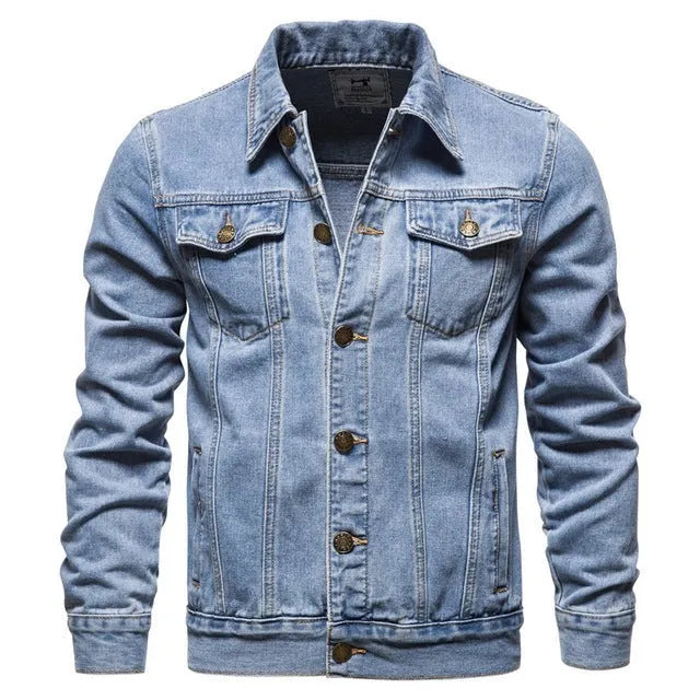 Men's casual hooded blue denim jacket with lapel collar and thin construction