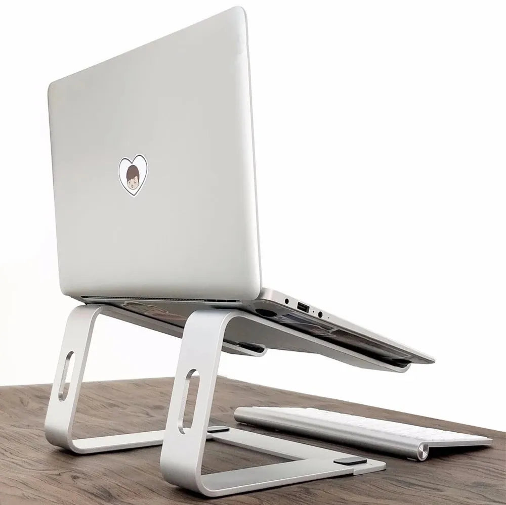 Aluminium alloy notebook stand and desktop computer cooling bracket, 14.5 x 22.5 x 26 cm, in black, grey, rose gold, or silver grey.