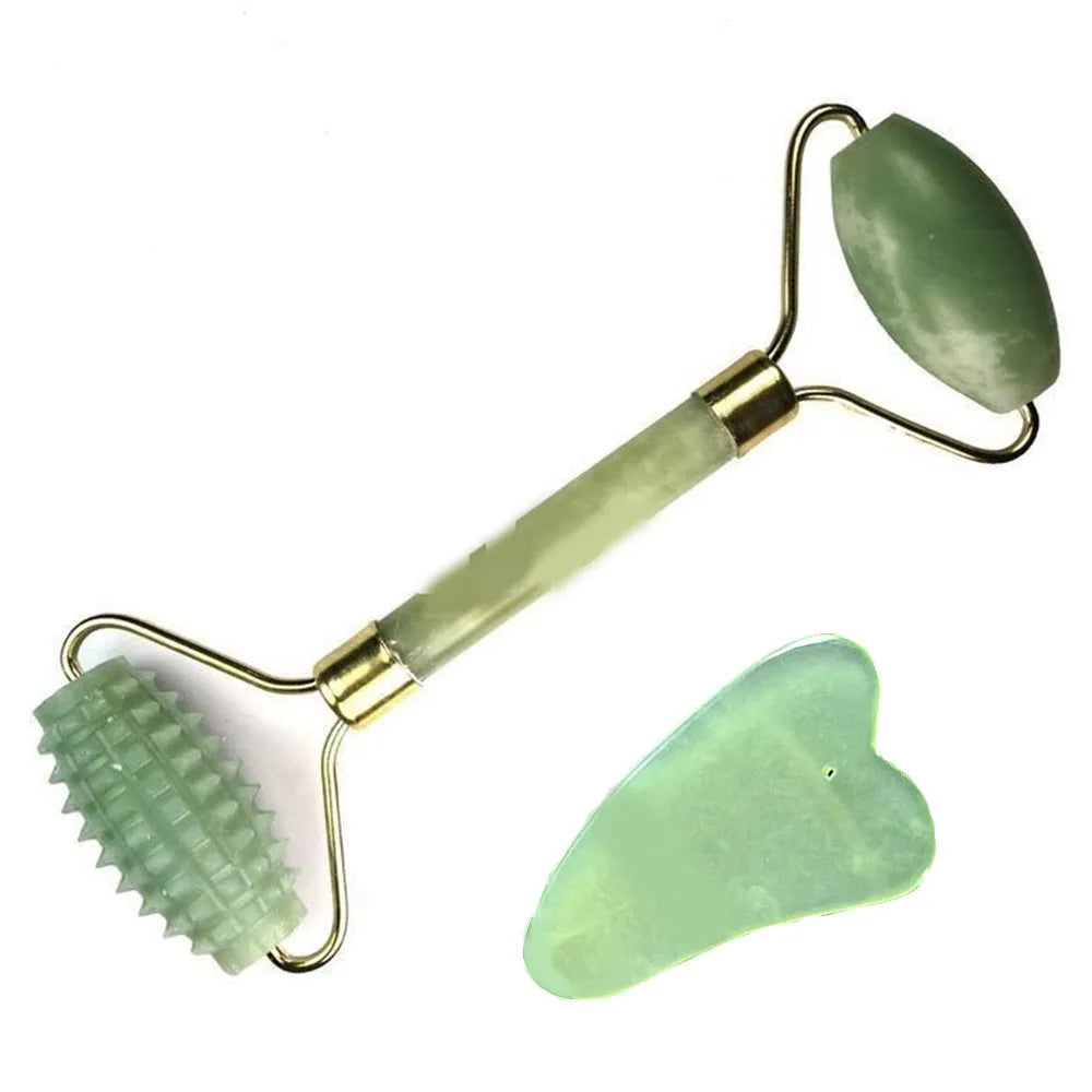 Natural green jade face and body massager roller and scraper set