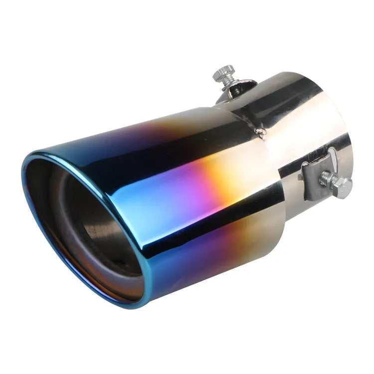 Stainless steel car modification tailpipe in baked blue, bright silver, and colourful finishes, straight and curved styles.