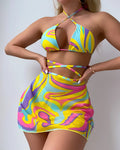 Yellow striped halter lace-up swimsuit with matching skirt and shorts set