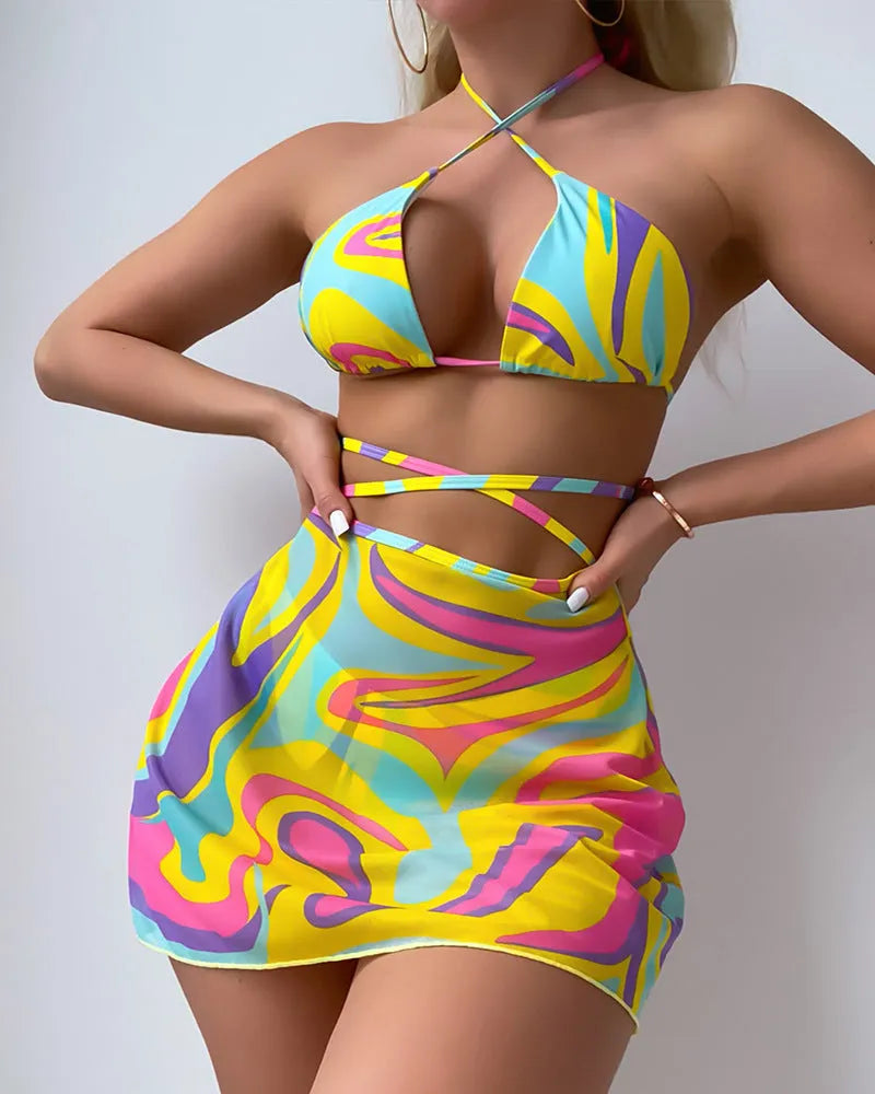 Yellow striped halter lace-up swimsuit with matching skirt and shorts set