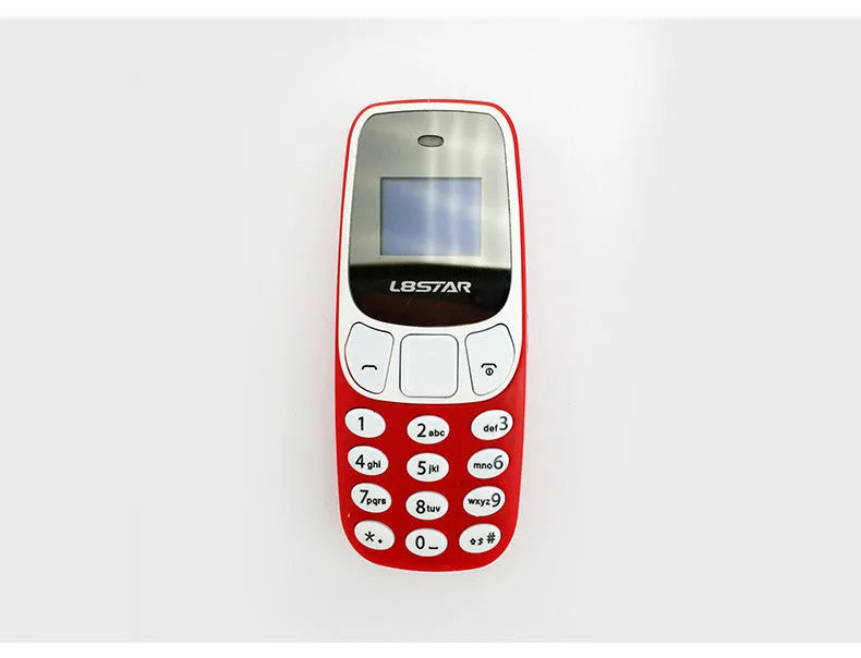 Miniature blue thumb phone with 0.66-inch OLED display, 68mm length, and keypad for dual SIM calling