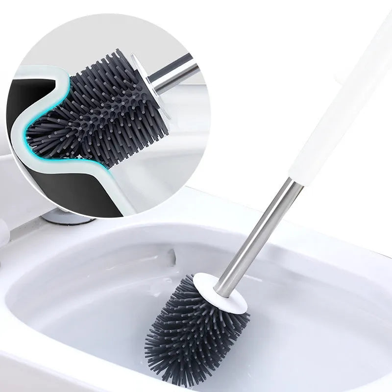 Silicone toilet brush with soft bristles, shown as round freestanding and wall-mounted options