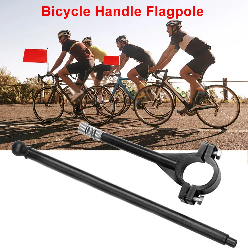 A square polyester fabric flag on a plastic handlebar flag pole for bikes and cars.