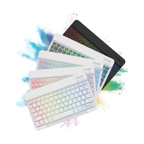 10-inch wireless Bluetooth keyboard with colourful backlit keys shown in a selection of case colours.