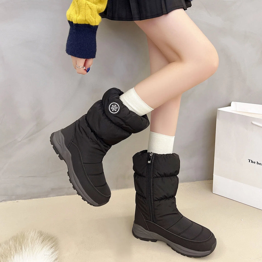 Women's mid-calf snow boots with synthetic short plush lining, waterproof silk upper, side zipper and chunky mid heel