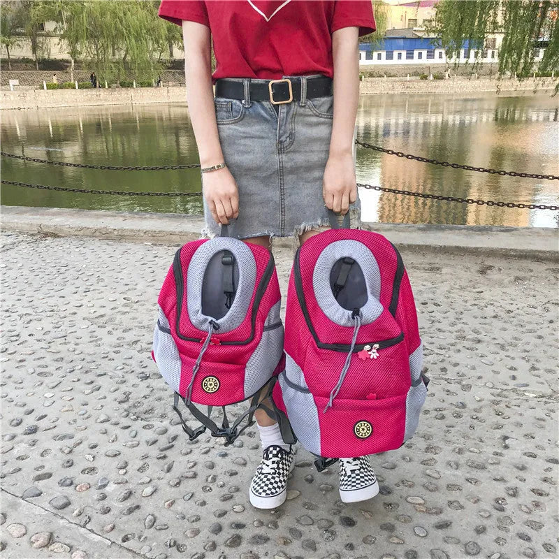 Pet backpack dog carrier for small dogs, available in black, blue, green, orange, and rose red, sizes S L XL.