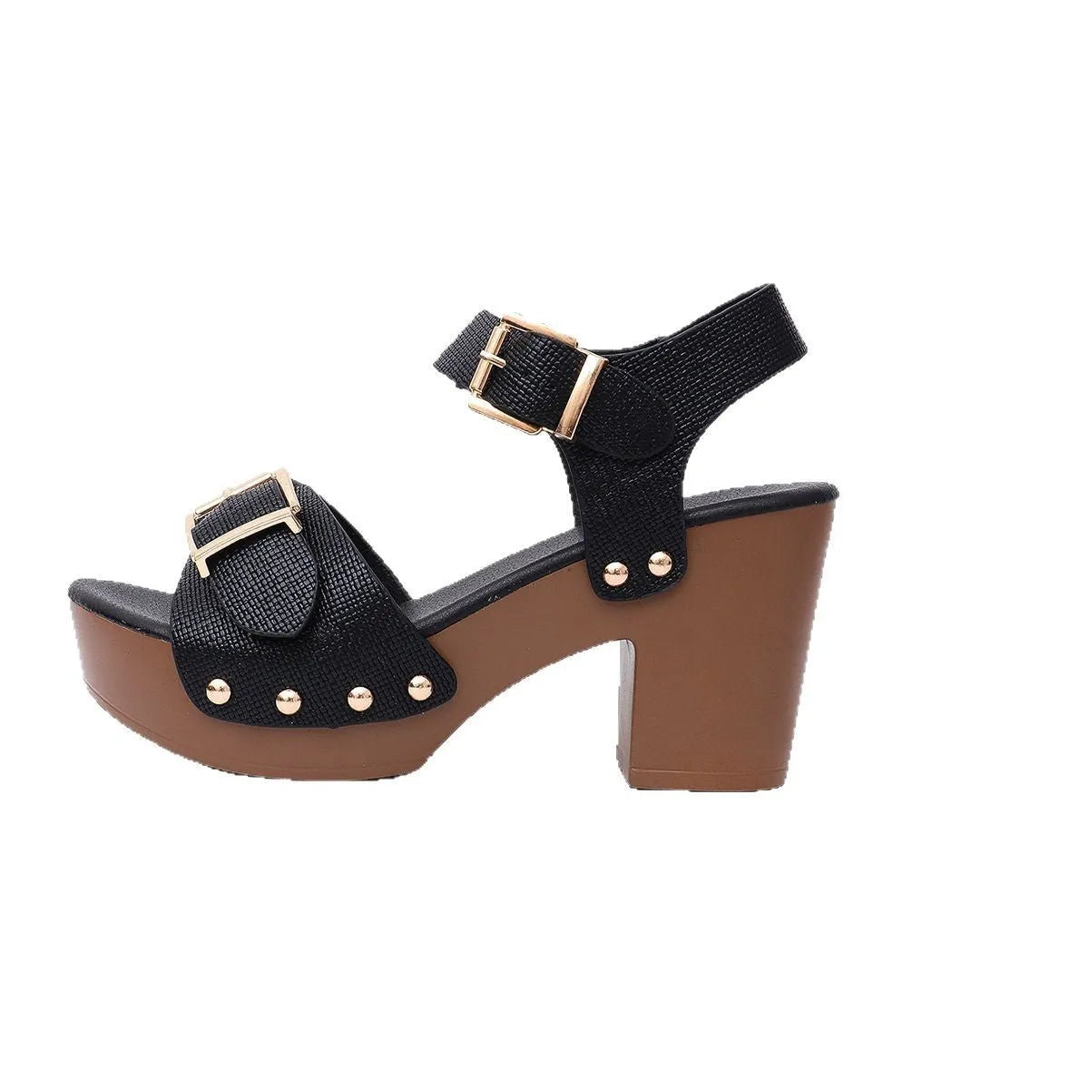 Plus size women's high heel sandals with buckle closure in black colour showing fish mouth toe design