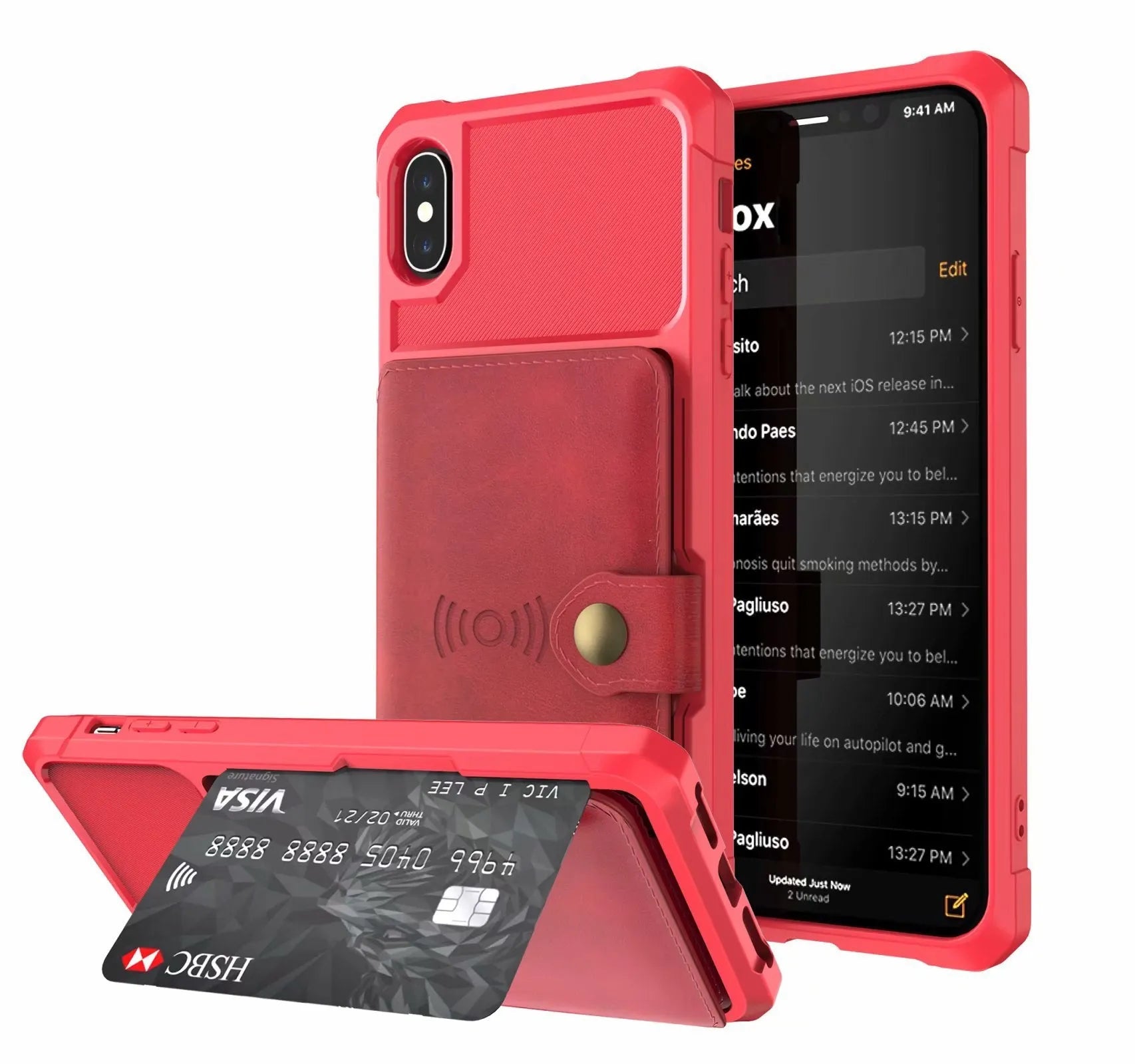 Geometric patterned PU leather mobile phone case for iPhone and Samsung in five colour options.