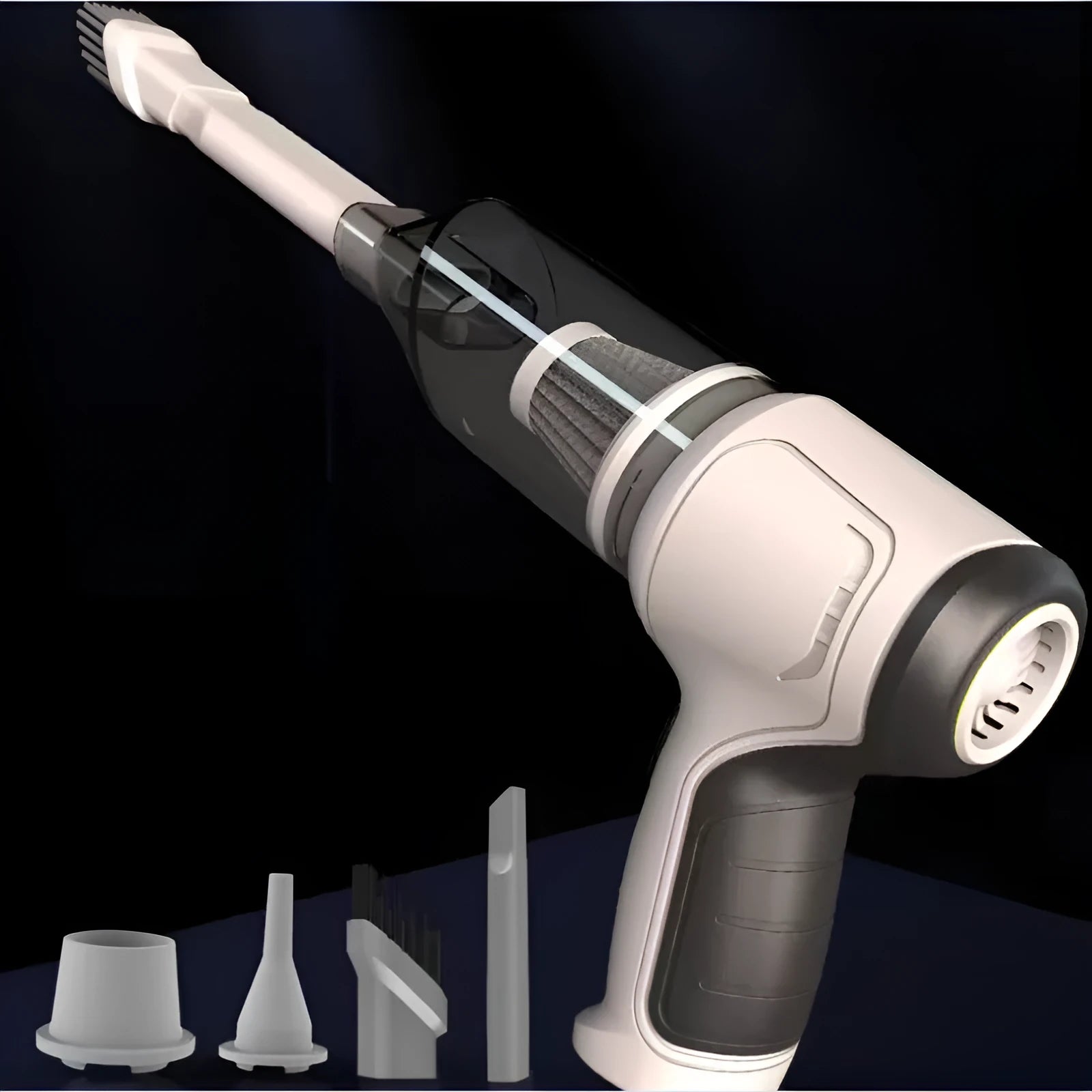 Handheld car pet vacuum cleaner in brushless gold or silver style with USB charging port and dust bucket.