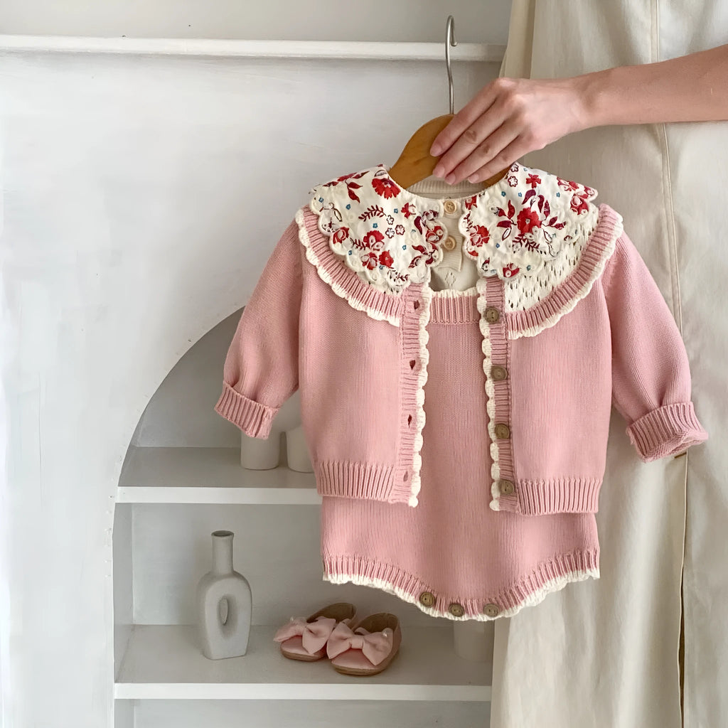Baby girl cotton knitting suit contrast color sweater suspender romper in pearl powder for 66-100cm height