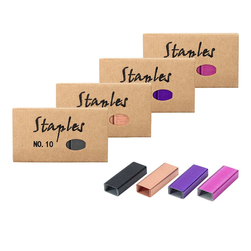Box of 1000 metal staples in rose gold, black, purple, and rose red colours for office staplers
