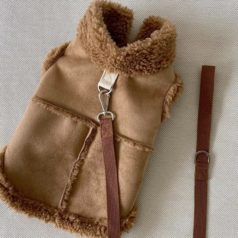 Pet traction warm vest for autumn and winter in brown, pink, and white, with back lengths from 20cm to 40cm for small to medium dogs