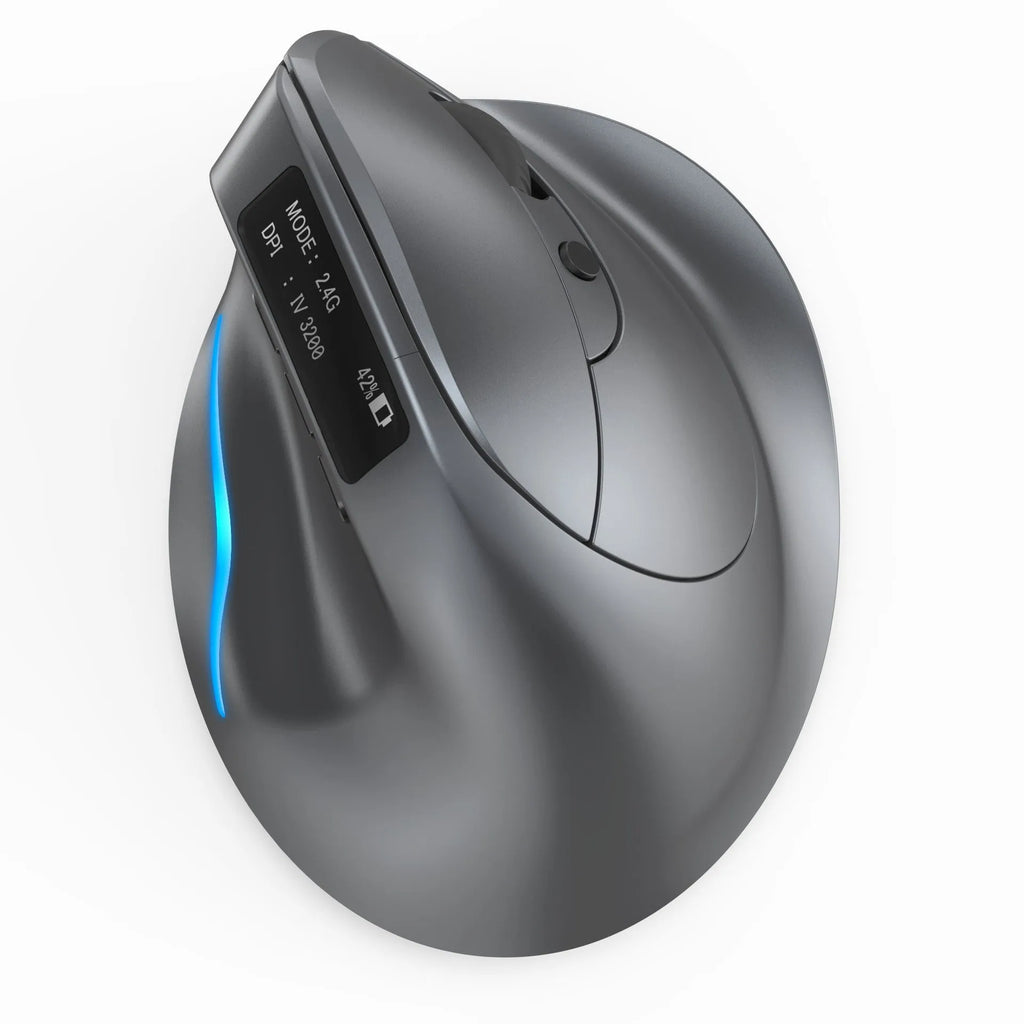 Gray Bluetooth vertical grip wireless mouse with self-charging, shown next to a laptop.