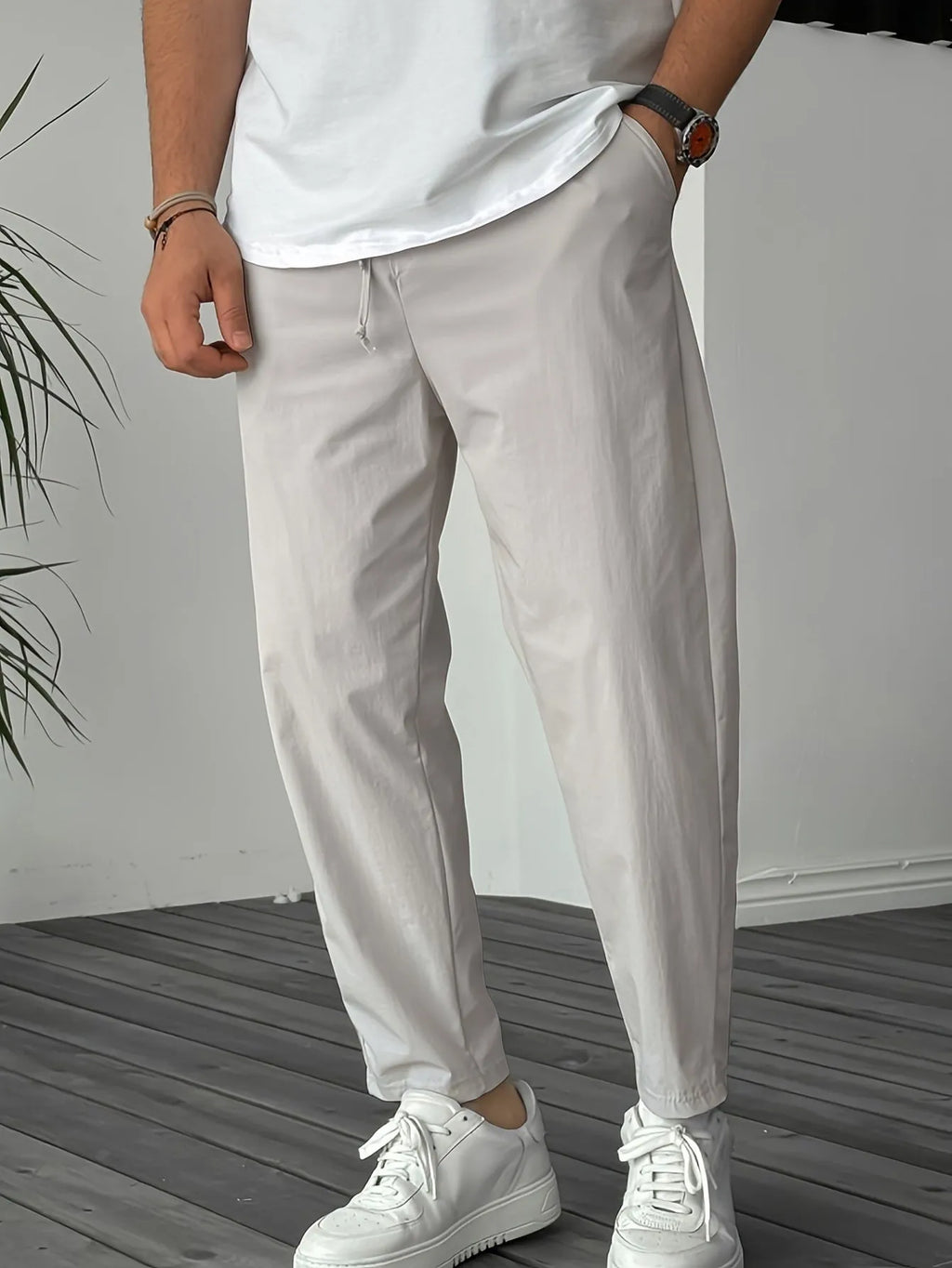 Men's straight-leg drawstring trousers in bamboo fabric with ribbon pockets
