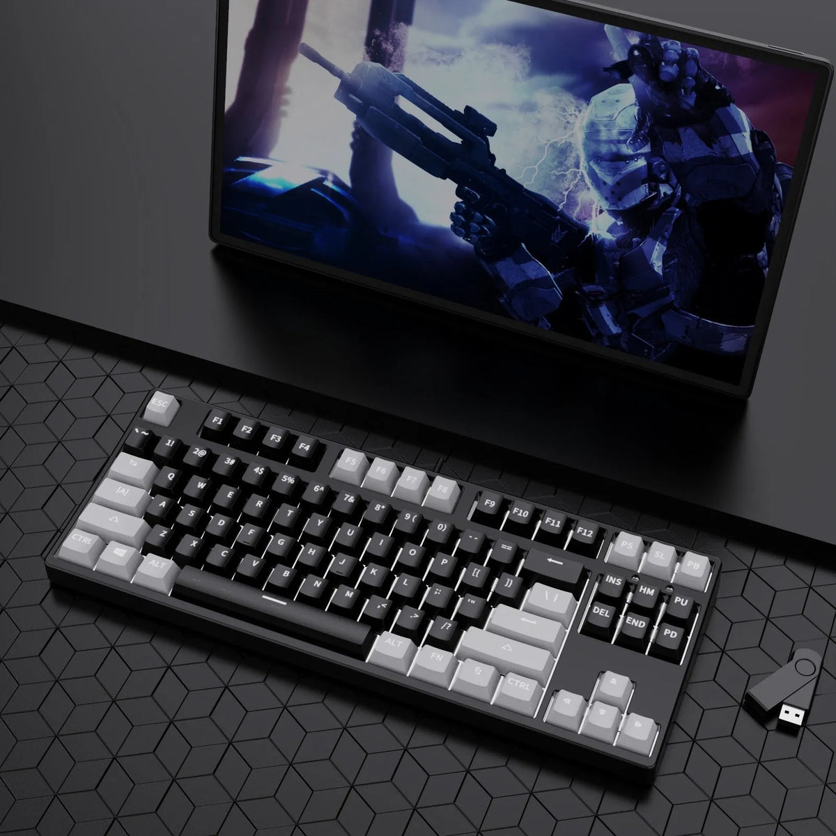 87-key wired mechanical keyboard with hot-swappable switches showing multiple colour combination options