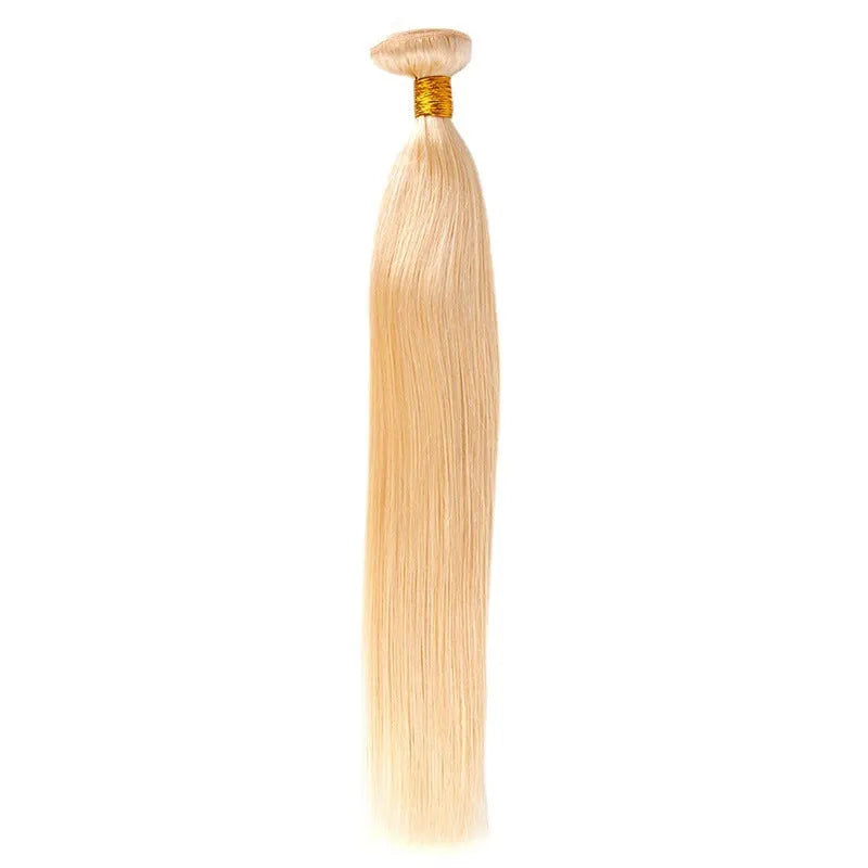 Gold human hair curtain bone straight wig on mannequin head showing long hair length