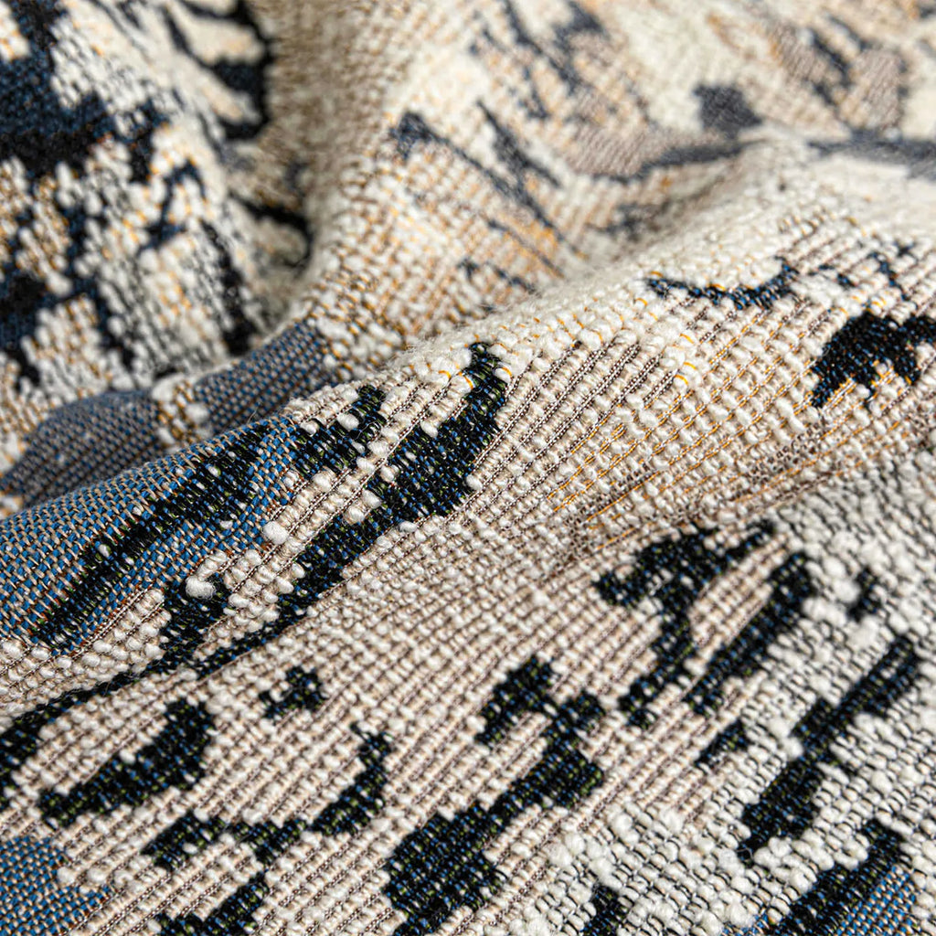 Antique blue wool blend floral decorative cushion in Chinese style, shown in square and waist pillow sizes.