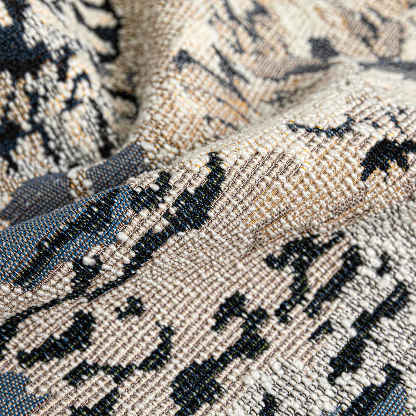 Antique blue wool blend floral decorative cushion in Chinese style, shown in square and waist pillow sizes.