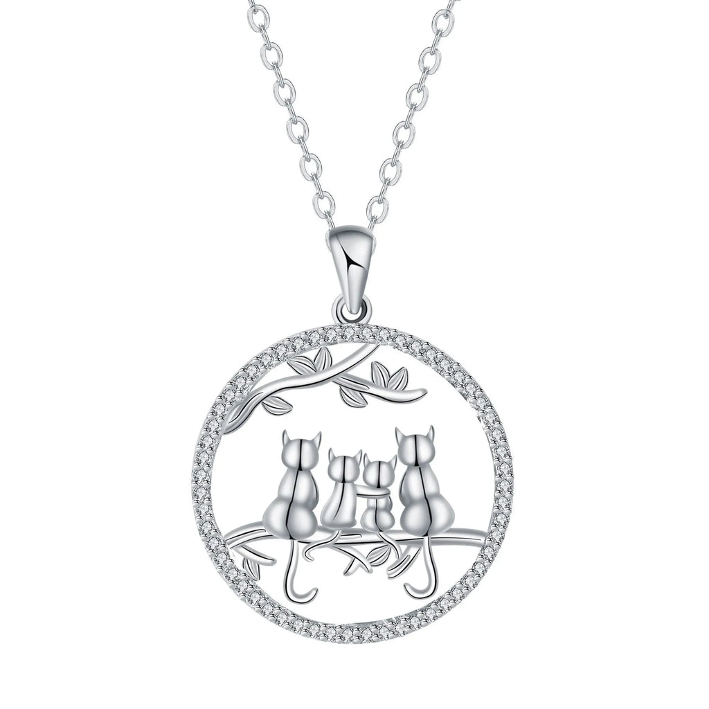 Copper cat pendant necklace with four kitten design and cross chain