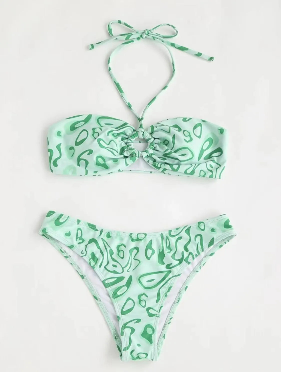 Green floral bandeau bikini swimsuit with backless design and split-style briefs
