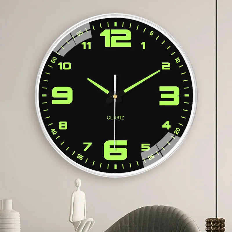 8 inch luminous wall clock with modern white plastic shell on a wall.